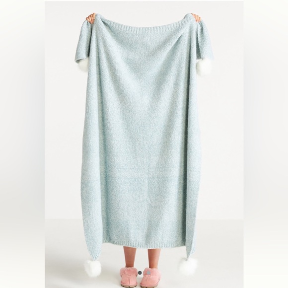 Anthropologie Faux Fur Pommed Throw Blanket